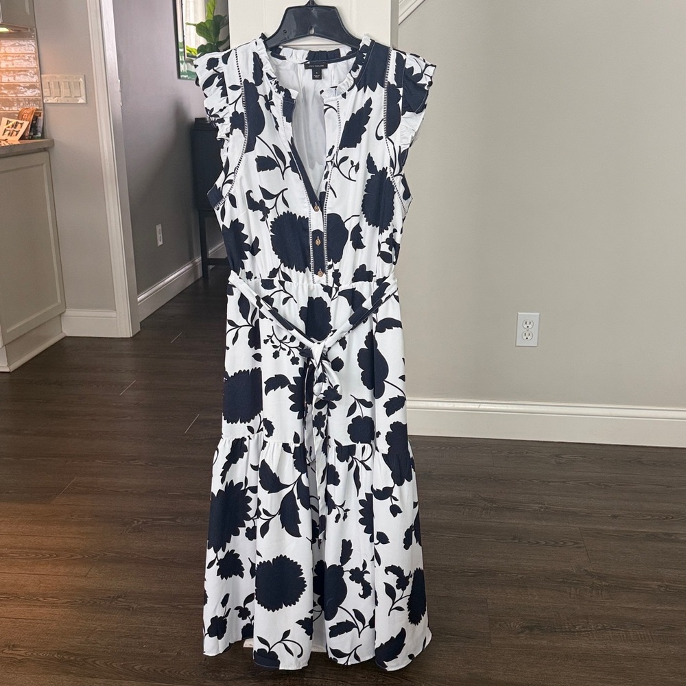 Ann Taylor White Dress with Navy Floral Print